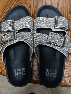 Madden NYC Kids Silver Glitter Double Buckle Slides,sz.6